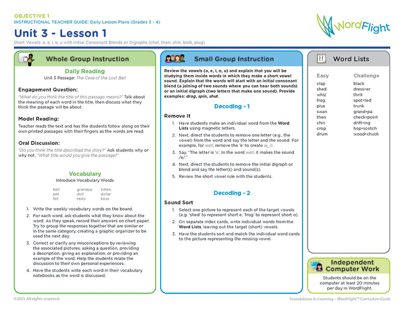 WordFlight Unit 3 - Lesson one includes suggestions for whole group instruction: daily reading engagement question, model reading, and oral discussion. Unit includes vocabulary words and ways to use them. Lesson also includes small group instruction suggestions for decoding. Lesson comes with Word Lists for easy and challenge levels. Lesson to be paired with independent computer work. Students should be on the computer at least 20 minutes per day in WordFlight.