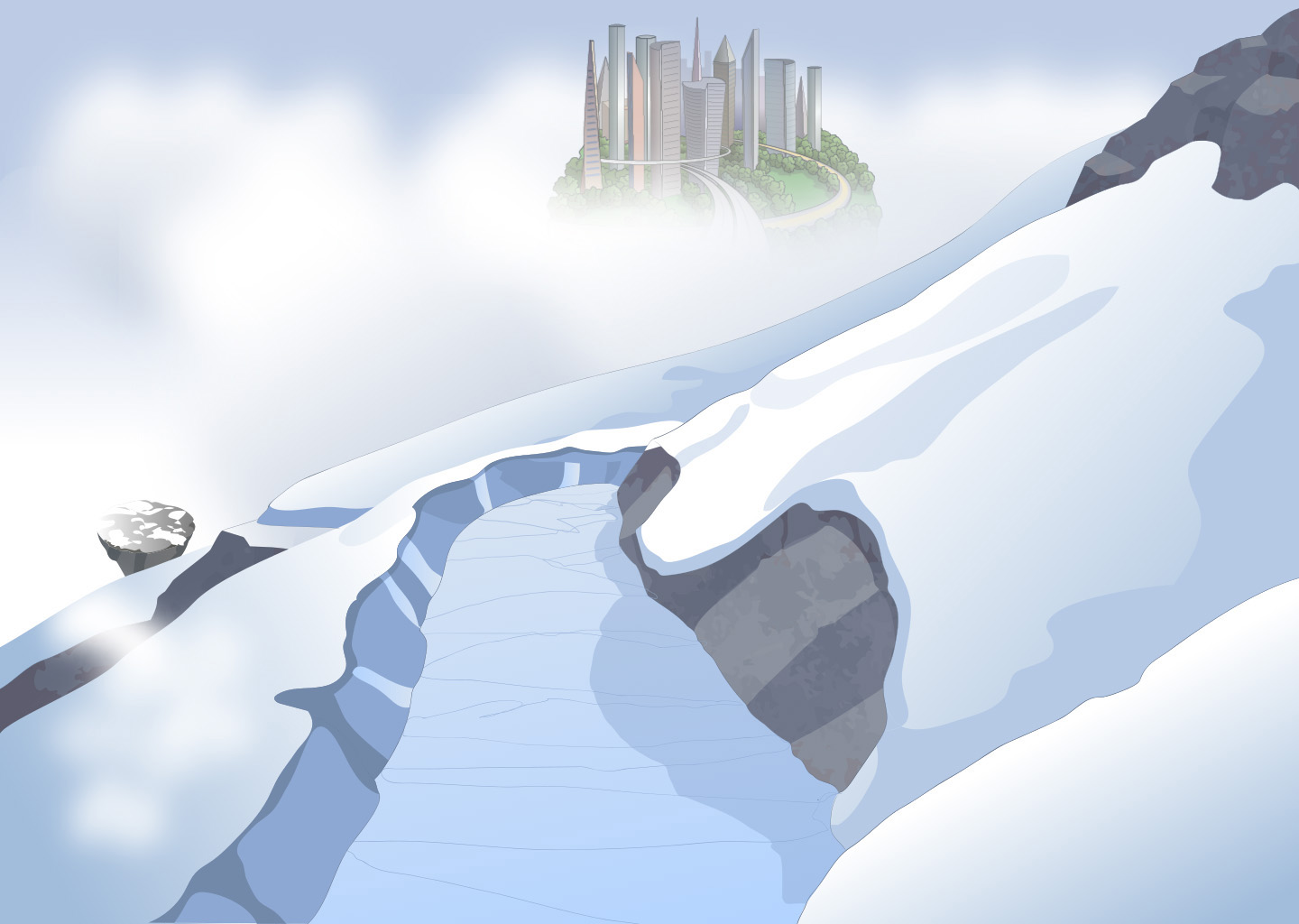 Product screenshot shows an illustration of a snowy mountain path leading to a city in the clouds.