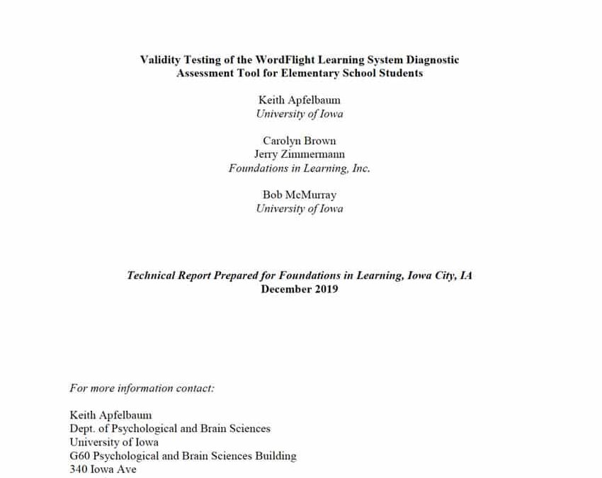Validity Testing of the WordFlight Learning System Diagnostic Assessment Tool for Elementary School Students – December 2019
