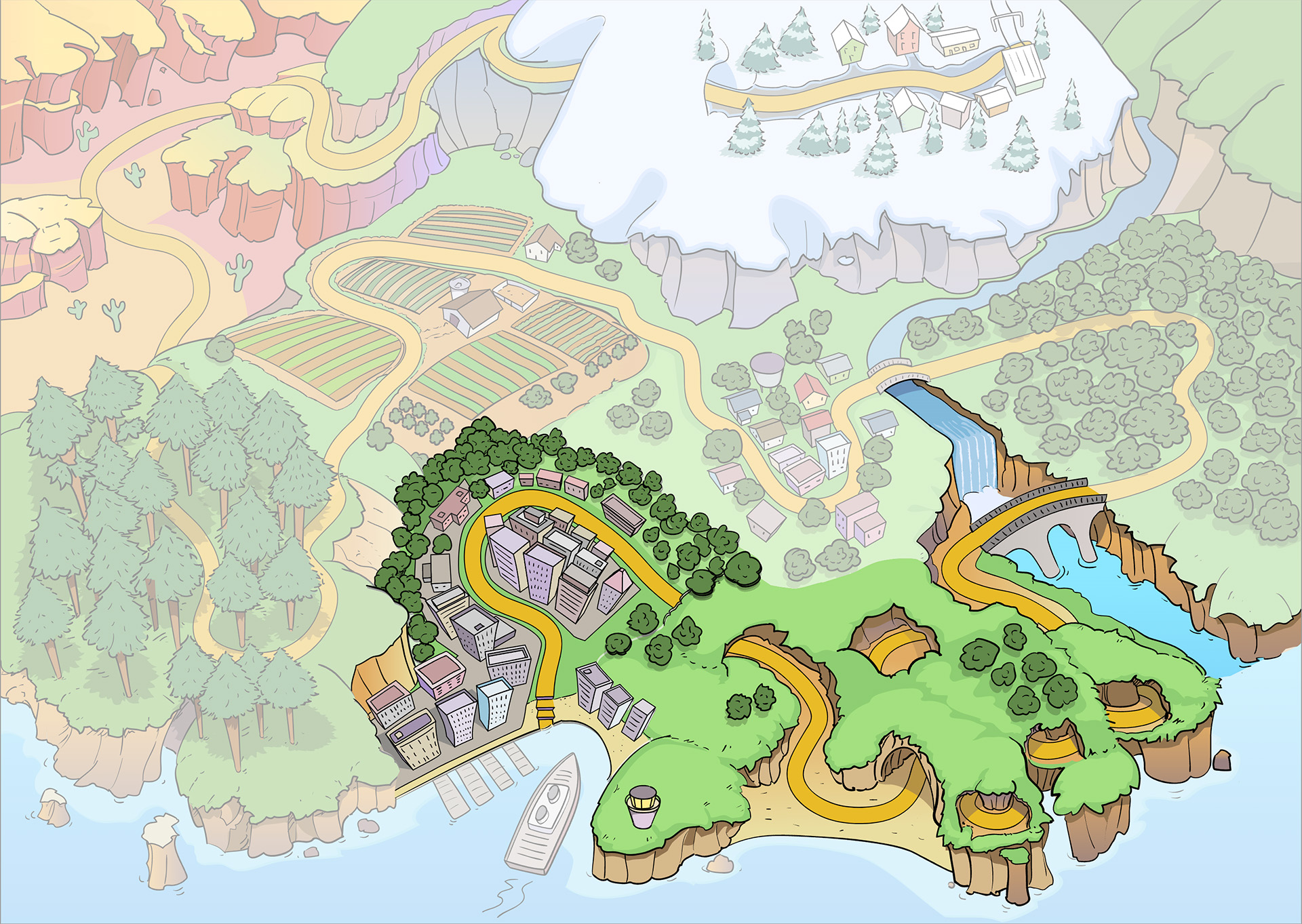 Product screenshot shows a view from the top of the map of activities students progress through. In an illustration style, the path starts in a big city by the water, progresses through a forest, crosses a bridge, winds through another forest, crosses a waterfall, enters a town, goes through a farm, enters another forest, progresses across a desert, and ends in a small mountain village. The parts of the map the student hasn’t completed yet are grayed out.